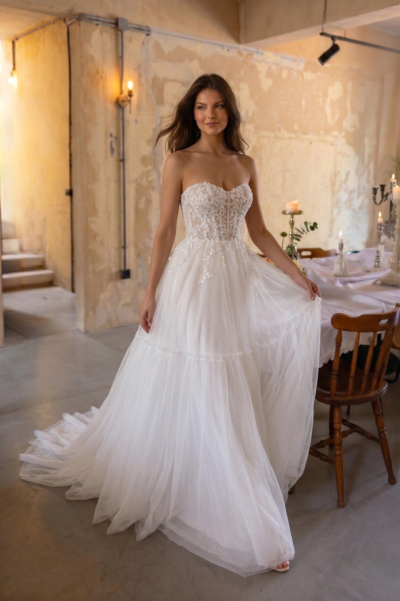 A-Line Court Train Lace Tulle Wedding Dress CW3229 - 45 Days / As Picture:Ivory/Nude / US0-UK2-EUR30 - COCOMELODY